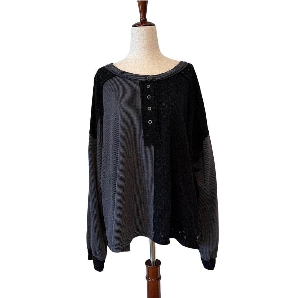POL Clothing Black Gray Lace Patchwork Oversized Henley Top Women’s Large